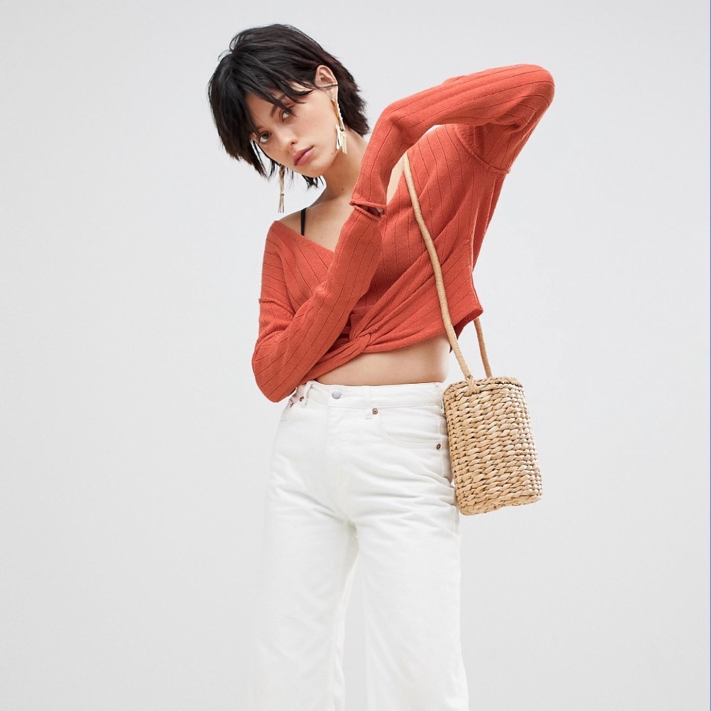 Free People Rust Orange Got Me Twisted Knot Ribbed Linen Blend Sweater Size L